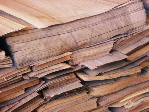 After logs are sliced into veneer, flitches are sorted for color. This log has been plain-sliced.