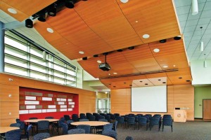 The wood ceilings and walls in this community room (designed by JMZ Architects and Planners) are visible through glass façades, offering a warm invitation to the public below. Subtly folded panels keep the emphasis on joint lines leading the eye to the front of the room. Photo © 2011 David Lamb Photography. Photo courtesy Ceilings Plus 