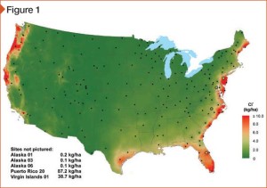 This map shows chloride ion wet disposition from 2010. Image courtesy National Atmospheric Deposition Program/National Trends Network (nadp.isws.illinois.edu)