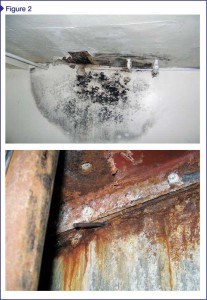 Top: Mold growth within wall cavity at ceiling. Bottom: Extensive corrosion of structural members due to condensation and leakage over extended time.