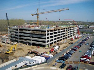 Park Nicollet Methodist Hospital relied on a silica fume-portland cement blend for the concrete in the post-tensioned decks of a 55,742-m2 (600,000-sf) parking garage. 