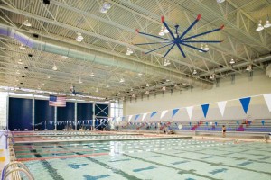 University athletes benefit from the cooling effect the fans provide in the summer, and air destratification in the winter, which helps regulate natatorium temperatures.