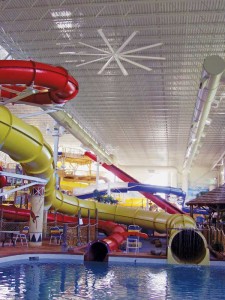 Large-diameter, low-speed fans work in tandem with air-handling units (AHUs) to keep humidity levels under control within waterparks.