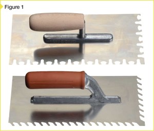 The top trowel has notches, making it particularly suitable for installing large-format thin tile. The flow-ridge trowel below is also ideal for use in these applications.