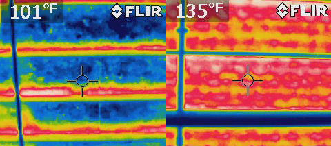 Interior radiation control coatings offer easily understandable advantages when it comes to preventing heat loss. This infrared photo shows two roof sections at a winery in Northern California.