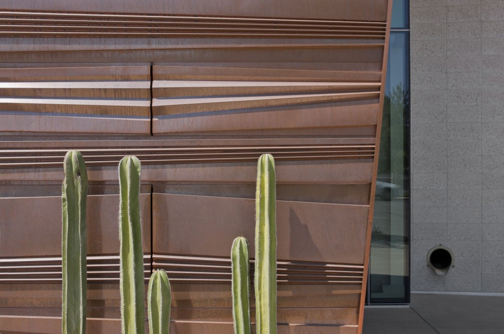 A close up of the complex copper-clad exterior of the Health Science Education Building.