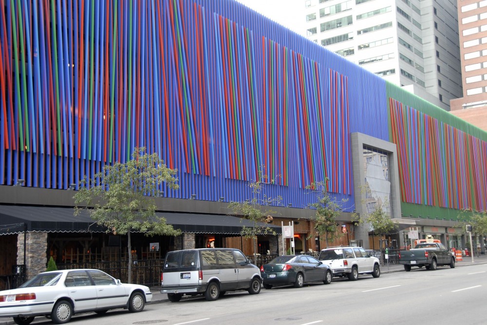 Located at Fifth Third Bank Headquarters in Cincinnati, Ohio, Julian Stanczak’s public art piece, “Additional,” is on the East 6th Street side of a parking garage bordering Fountain Square. It is protected with PVDF liquid paint. Photo © Bill Hanusik 