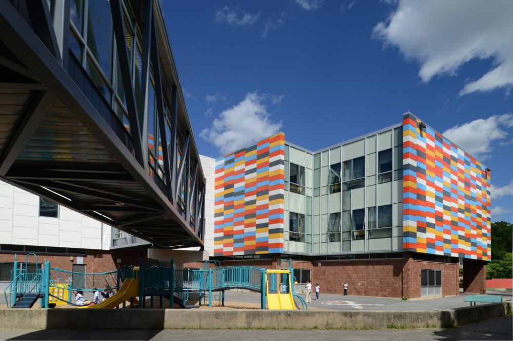 Boston’s Mattahunt Elementary School features painted aluminum panels to create a distinctive, playful look for students. Photo © Mark Kempf, St. Louis. Photo courtesy Dri-Design