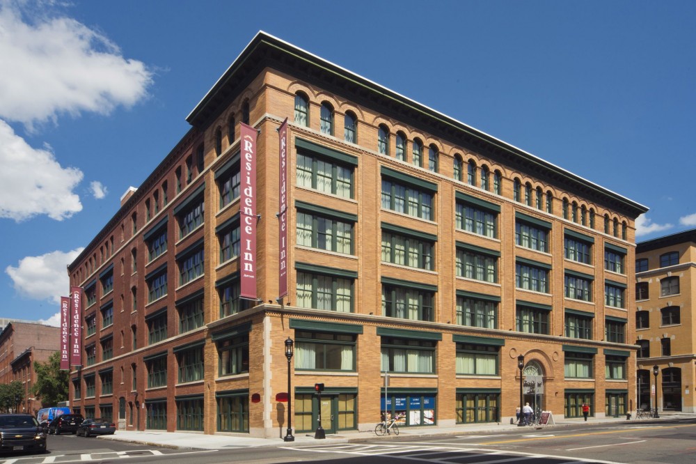 Boston’s Marriott Residence Inn Seaport, designed by Group One Partners, features a 70 percent polyvinylidene fluoride (PVDF) liquid paint that offers potential for color and gloss retention for more than 20 years. Photos © Abstract Photography 