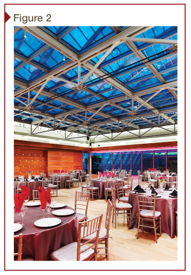 The renovation of the Dorrance H Hamilton Roof Garden at Philadelphia’s Kimmel Center for the Performing Arts used electronically tintable dynamic glazing to provide temperature control, while maintaining full views to the barrel vaulted glass roof. [CREDIT] Photo courtesy Sage Electrochromics. Photo © Jeffrey Totaro Photography 