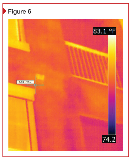 Infrared (IR) image from one of the author’s building envelope studies of a multi-family residential project. This type of non-destructive evaluation can detect thermal anomalies that indicate trapped water; wet sheathing jeopardizes durability by promoting decay like that shown on page 34. However, for IRT surveys in hot climates, caution is advised because the direction of heat fl ow—from outside to inside—can mask the water’s presence.