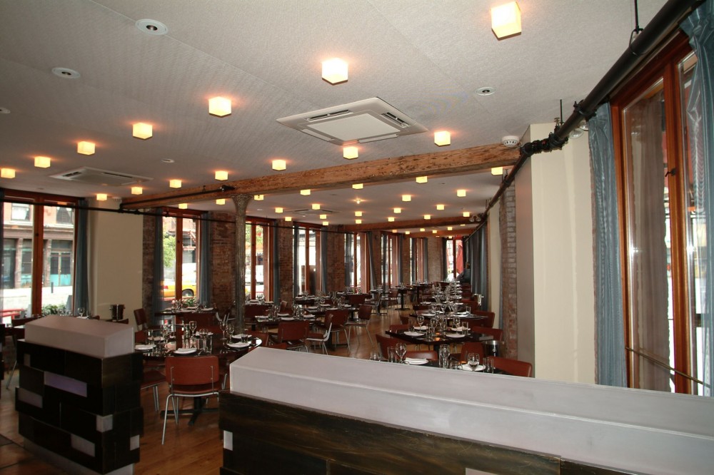 New York City’s Vento Trattoria restaurant used a VRF zoning system to cool and heat the unique triangular-shaped building. [CREDIT] Photo courtesy Mitsubishi Electric Heating & Cooling 