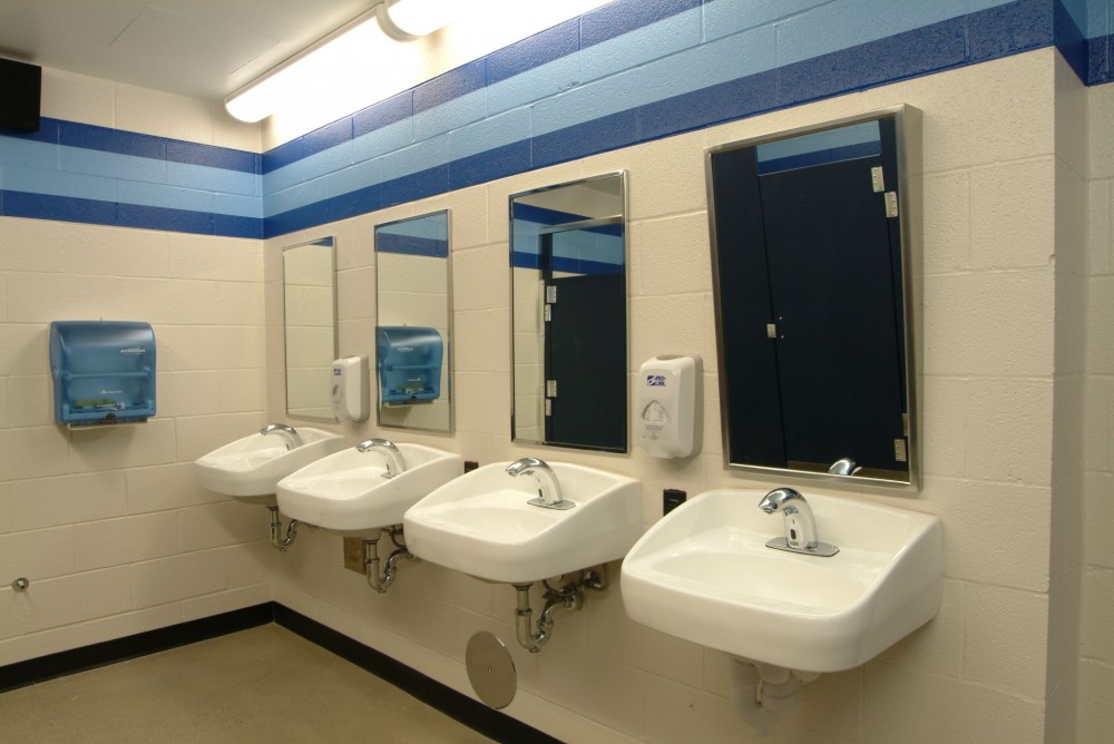 The restroom at the Cathedral Prep Events Center in Erie, Pennsylvania, employs lead-free fixtures. 