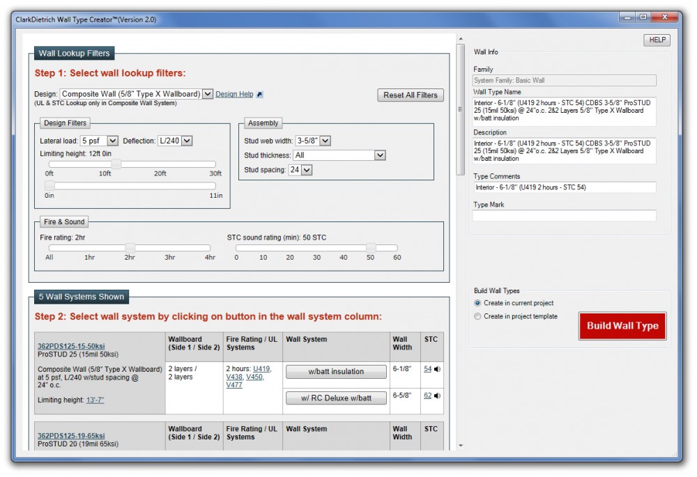 This proprietary add-in incorporates and fi lters detailed information on wall elements and design properties, such as UL assemblies based on fi re-rating requirements, sound transmission class (STC) ratings, and limiting height design.