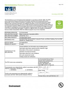 An excerpt of an industry-wide EPD for insulated metal panels from the Metal Construction Association (MCA) for SPF from the SPFA, filed with EPD program operator UL Environment. Image courtesy MCA 