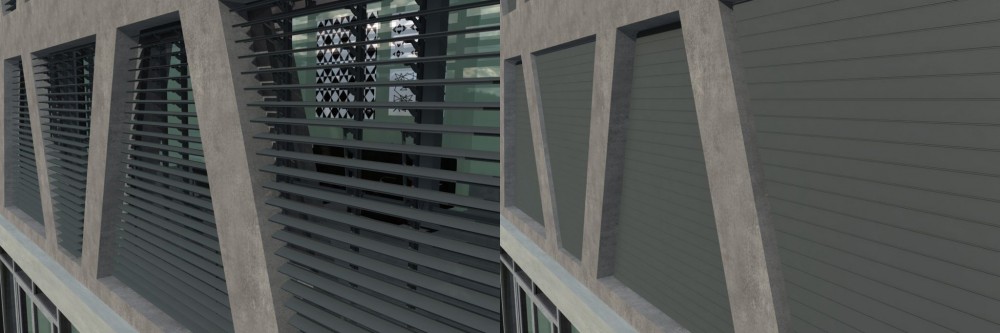 These louvers were designed for custom window shapes. Images courtesy Draper Inc.