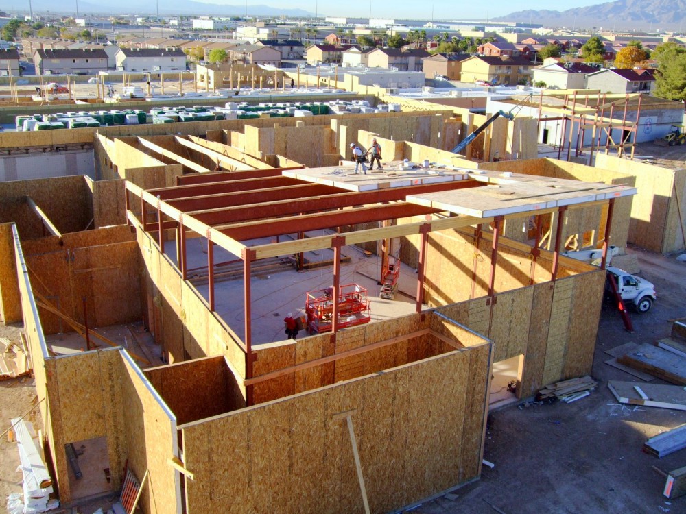 The project team for the Jacob E. Manch Elementary School used structural insulated panels (SIPs) to reduce the project’s framing time from 17 to seven weeks. Images courtesy Premier SIPs