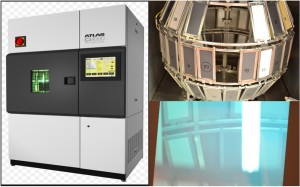 This photo on the left shows a xenon arc unit. The top right photo shows the inside of the arc unit and how the samples are arranged, and the lower right photo shows the functioning arc unit. [CREDIT] Photos courtesy of Atlas Material Testing Technology LLC 