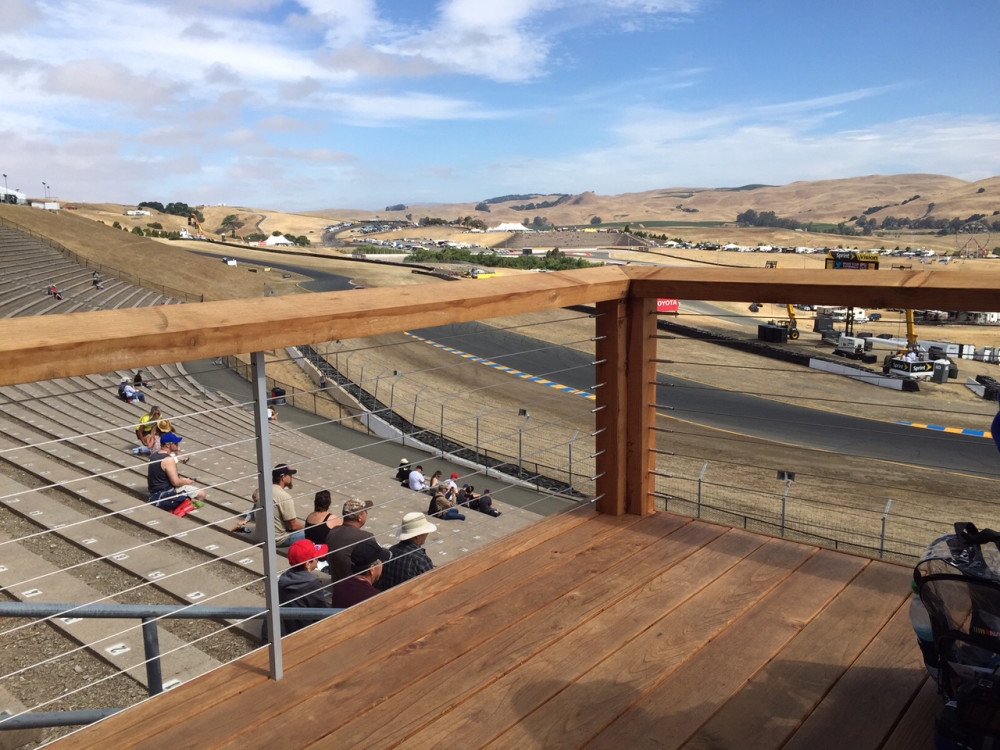 A railing system comprising stainless steel, aluminum, and cables allow spectators at the Sonoma Raceway to enjoy unobstructed views of all the action. Photo courtesy Feeney Inc.