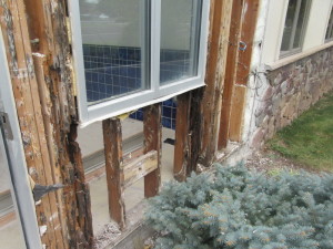 Extent of water-related damage to wood framing discovered at inspection opening upon removal of finishes and claddings. This required significant removal and replacement of wood framing, interior finishes, and exterior cladding (including windows). Photo courtesy Jeffrey Sutterlin