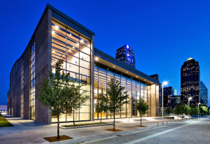 Figure 2: A steel curtain wall system with a glazing veneer adapter creates soaring free spans that welcome visitors into the performance hall. Photo courtesy TGP