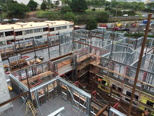 This Hawaiian project, Plaza at Pearl City, is an assisted living facility constructed of four levels of load-bearing cold-formed steel (CFS) wall framing on a single level of concrete podium. Photo courtesy CEMCO Steel.