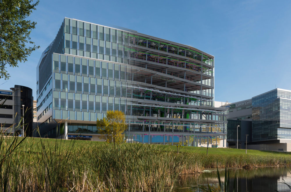 Featuring a construction coordination model overlay, this is an exterior view of the Froedtert and Medical College of Wisconsin Center for Advanced Care. For its work on the center, Mortenson and CannonDesign was selected as the winner in the project delivery and construction administration excellence category. Photo courtesy Mortenson Construction