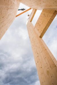 The elevator shaft for a new multi-use building in Whitefish, Montana, was constructed from cross-laminated timber (CLT), which reduced project construction time by approximately three weeks. Photo courtesy SmartLam