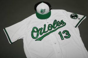 The Orioles wore green-accented uniforms on Earth Day, which were later auctioned off in support of the Chesapeake Bay Foundation. Photo by Baltimore Orioles