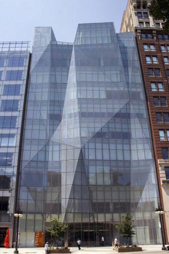 Located on Michigan Avenue in Chicago, Spertus Institute’s glass façade sets it apart from neighboring stone buildings. Photo by Nicholas Sagan