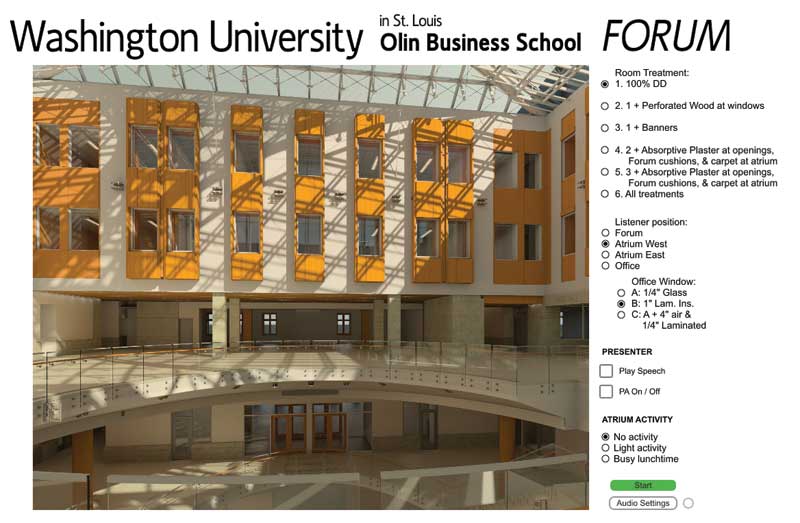 A screen grab of the 3D listening simulation employed at The Olin School of Business to determine the most effective sonic design. Image courtesy Acentech