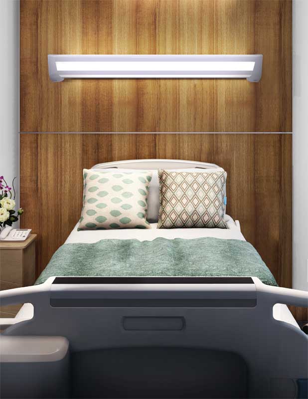 Light-emitting diode (LED) fixture installed in a hospital room.