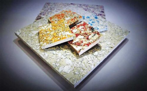Contributing to the circular economy, this wallboard is manufactured from 100 percent recycled materials. Photo courtesy The ReWall Company