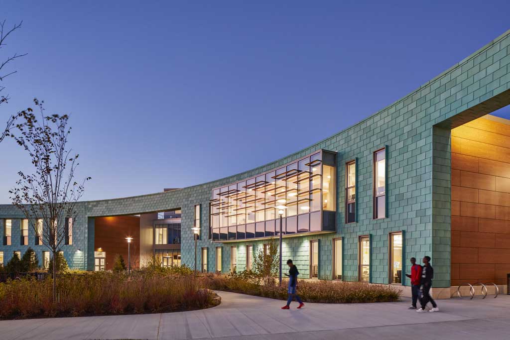 Holbrook PreK-12 School in Massachusetts, which features a pre-patina copper panel system, received a North American Copper in Architecture award in the New Construction category. Photo © Robert Benson Photography