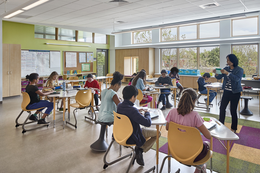 The Dr. Martin Luther King Jr. School and Putnam Avenue Upper School Project has achieved Leadership in Energy and Environmental Design (LEED) Platinum certification. Photo © Robert Benson. Photo courtesy Perkins Eastman