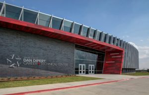 The storefront, curtain wall, and entrances systems employed on the Dan Dipert Career + Technical Center in Texas emphasize transparency and promote collaboration and connection. Photo © Chad M. Davis, AIA, NCARB, LEED AP. Photo courtesy Tubelite