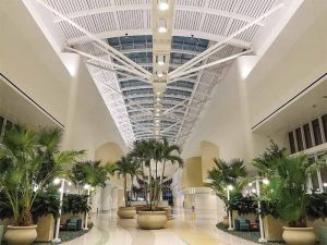 The skylight at the Intermodal Terminal Facility (ITF), Orlando International Airport, Florida, employs aluminum extrusions finished in a bright silver color using a 70 percent polyvinylidene fluoride (PVDF) resin-based coating system. Photo courtesy Acurlite Structural Skylights