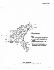 Figure1: This image (Figure 1609 in the 2003 International Building Code [IBC]) indicates basic wind speed (three-second gust) for the Eastern Gulf of Mexico and Southeastern United States hurricane coastline. Image courtesy 2003 International Building Code