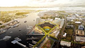 Rendering of the urban ballpark at Howard Terminal, California, for Oakland Athletics. The park will be designed by Bjarke Ingels. Photo courtesy Oakland Athletics