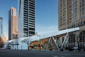 The Brooklyn Academy of Music (BAM) South tower in New York is a mixed-use space that uses a porous design and a terraced plaza to enliven an underused section of the district. Photo courtesy Technical Glass Products