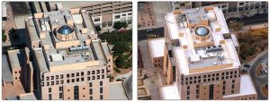 A before and after aerial shot of a federal courthouse in a New Mexico city where a white reflective coating was used over an existing asphalt roof.