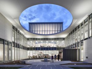 The new library at the Suffolk County Community College in Brentwood, New York, has an aluminum and glass curtain wall.