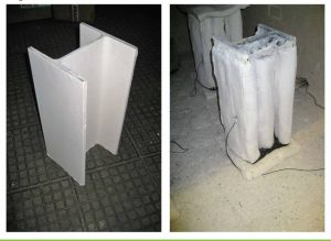 Figure 1 Intumescent coatings applied to a steel I-beam, or W-profile (left), create  a thick char and swell to approximately 50 times their dry film thickness (DFT) in a fire (right), thereby providing protective insulation that reduces the rate of heat transfer to the steel.