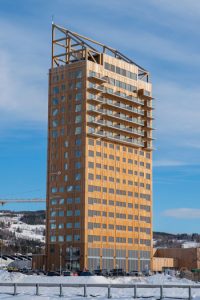 Mjøstårnet, a mixed-use building in Brumunddal, Norway, is the world’s tallest timber building. Photo courtesy the Council on Tall Buildings and Urban Habitat