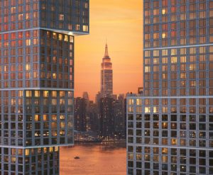 OMA has designed two residential towers in Brooklyn, New York, that simultaneously lean into and away from one another. Photo courtesy OMA