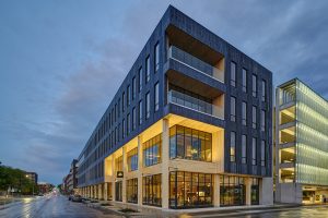 First-of-its-kind dowel-laminated timber (DLT) project in North America rises in Des Moines, Iowa. Photo courtesy Neumann Monson Architects