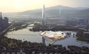 MAD Architects conceive the Yiwu Grand Theater in China as a boat floating on the river. Photo courtesy MAD Architects