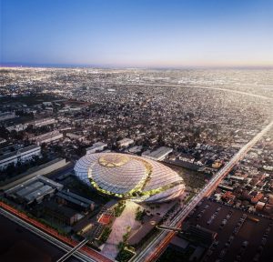 The new arena for the Los Angeles Clippers in Inglewood, California, is inspired by the concept of a basketball swishing through a net. Image Courtesy Los Angeles Clippers