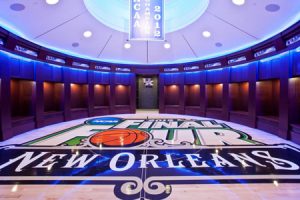 The new men’s basketball locker room at the University of Kentucky (UKY), Lexington, Kentucky, is in the shape of a basketball. The challenge was to get the wooden locker units to meet at the top so as to achieve the desired circle shape.