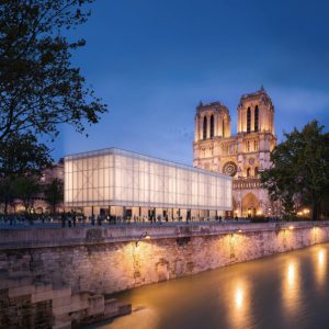 Gensler designs proposal for a temporary structure for worship and communal gathering at the iconic Notre Dame cathedral in Paris. Image courtesy Gensler